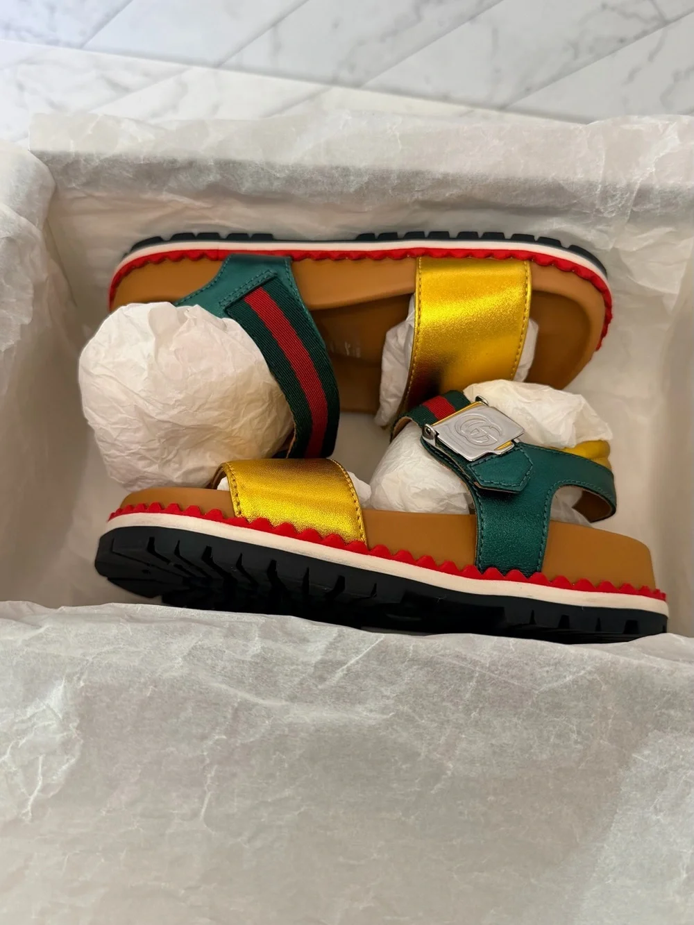 GUCCI KIDS Metallic Yellow & Green Sport Sandals
